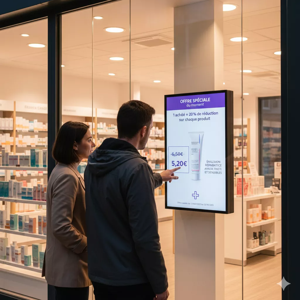 Écran publicitaire digital en vitrine de pharmacie, diffusant une offre santé, observé par deux passants devant une officine moderne.