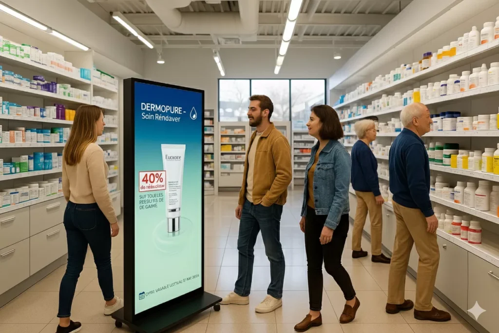 Totem digital vertical diffusant une campagne santé à l’intérieur d’une pharmacie, avec plusieurs clients interagissant dans les rayons.