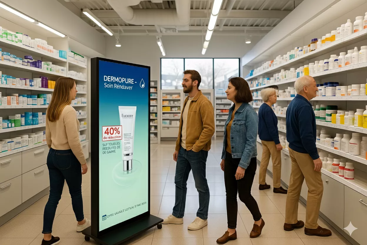 Totem digital vertical diffusant une campagne santé à l’intérieur d’une pharmacie, avec plusieurs clients interagissant dans les rayons.